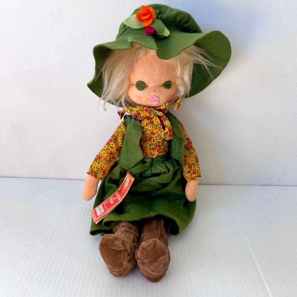 VTG 70s 80s Lenci‎ Torino Felt Rag Cloth Girl Doll Green Dress Tagged 638176